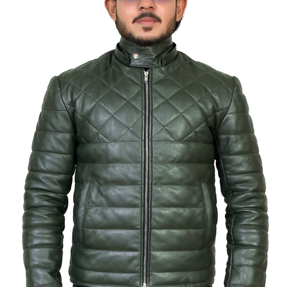 Mens Green Puffer Leather Jacket